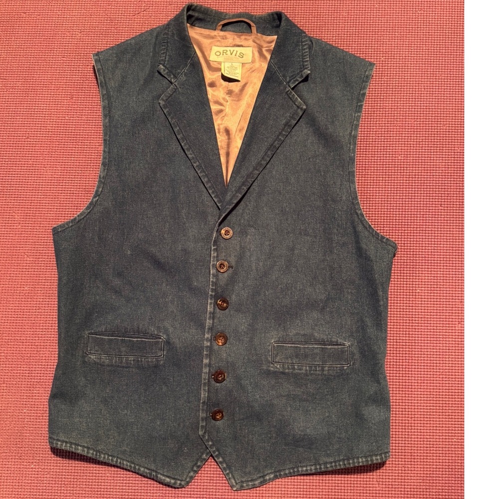 Orvis Mens Blue Denim Vest Cotton Blend Lined Cinch Back Size L 3R4A